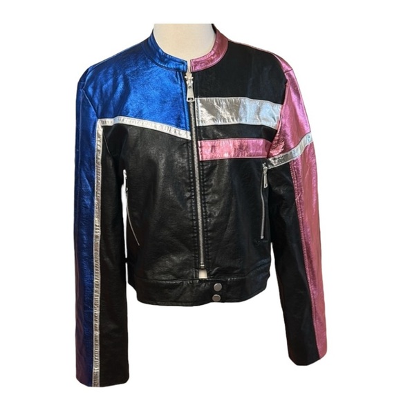 Urban Outfitters Snoh Faux Leather Pink, Blue, Silver Metallic Jacket sz Large - Picture 16 of 16